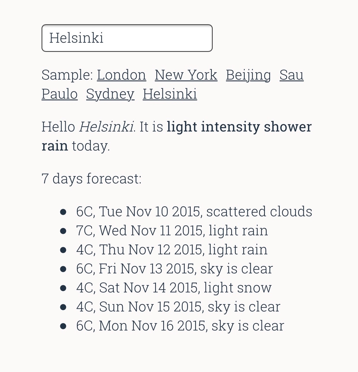 Screenshot of the weather example